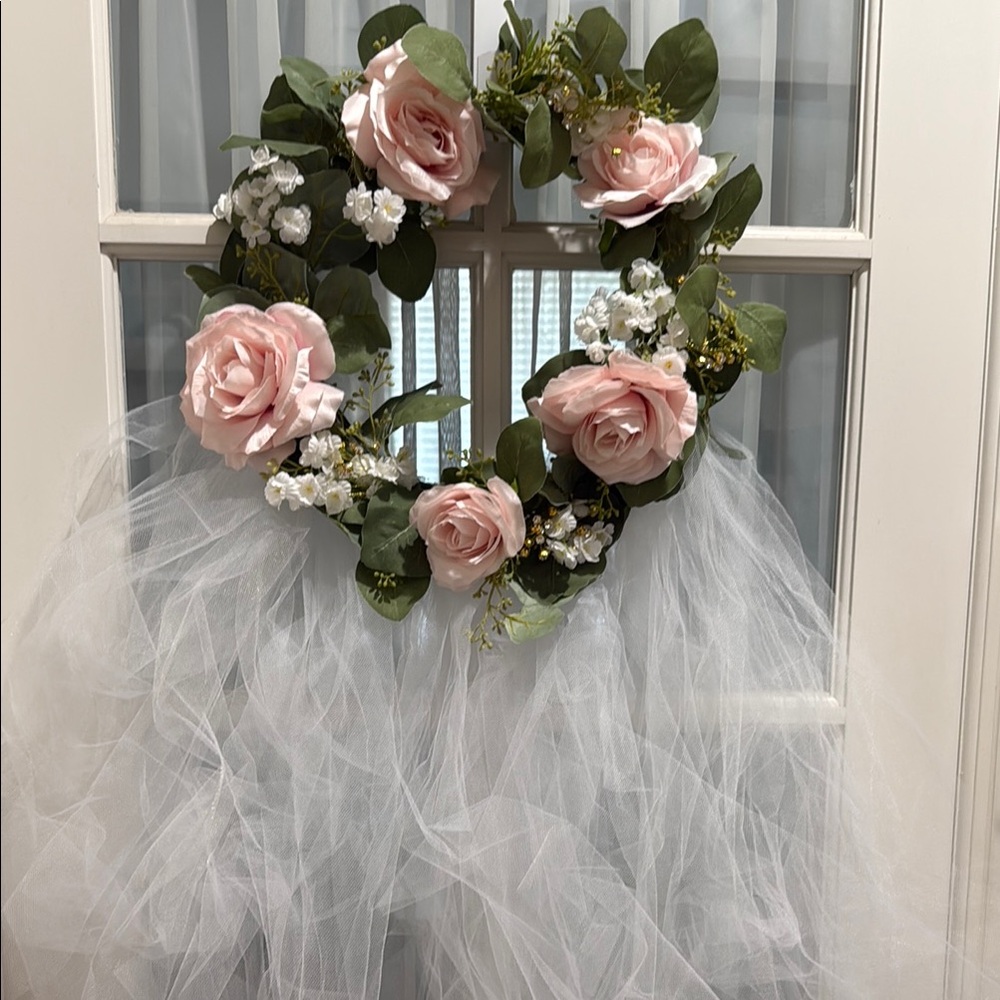 Wedding, Shower Handmade Elegant Pink Floral Wreath with White Tulle